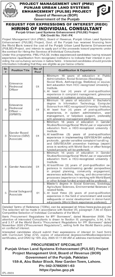 Board Of Revenue Lahore Jobs 2025 Today