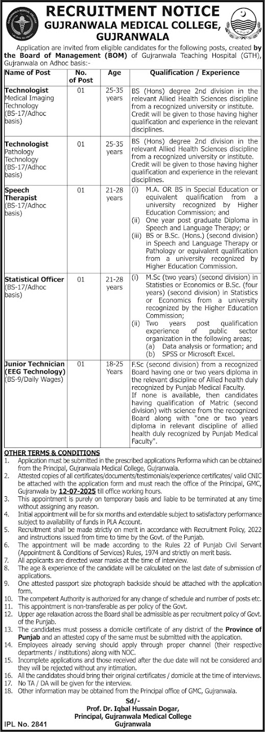 Career Opportunity At Gujranwala Medical College 2025