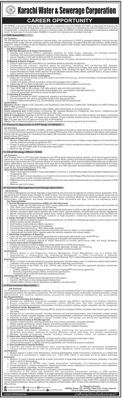 Karachi Water & Sewerage Corporation Jobs 2025 Advertisement
