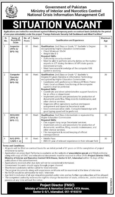 Ministry of Interior & Narcotics Control Jobs 2025