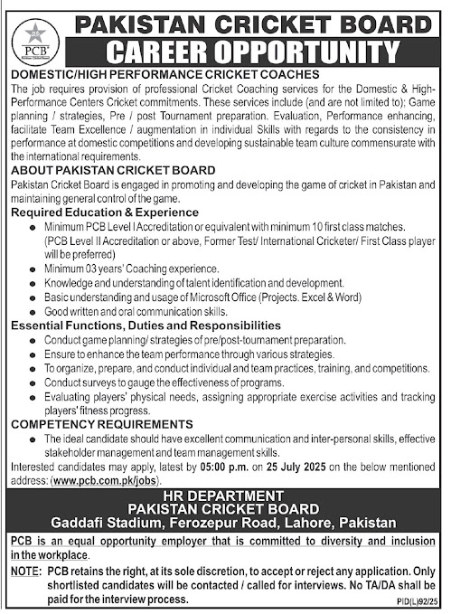 Pakistan Cricket Board (PCB) Jobs 2025