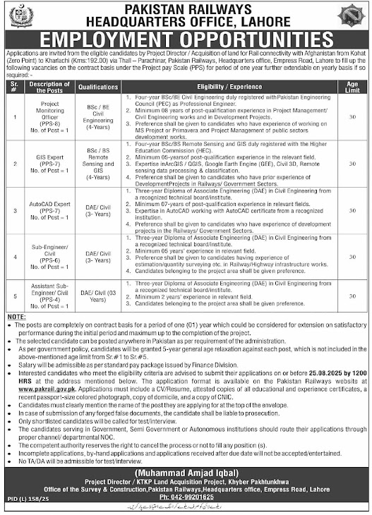 Pakistan Railways Headquarters Office Lahore Jobs 2025