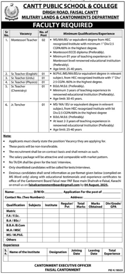 Faculty Required At Cantt Public School & College 2025