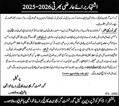 Government Graduate College For Women Lahore Jobs 2025