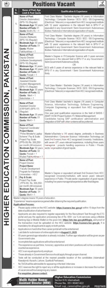Higher Education Commission HEC Jobs Opportunities 2025