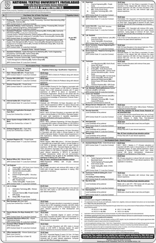 National Textile University Faisalabad Government Jobs 2025