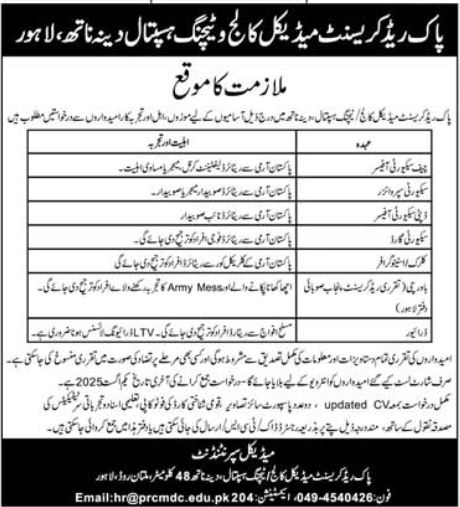 Pak Red Crescent Medical & Dental College Security Posts 2025