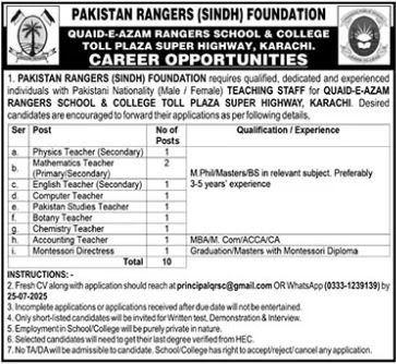 Pakistan Rangers Sindh Foundation Sindh Jobs 2025