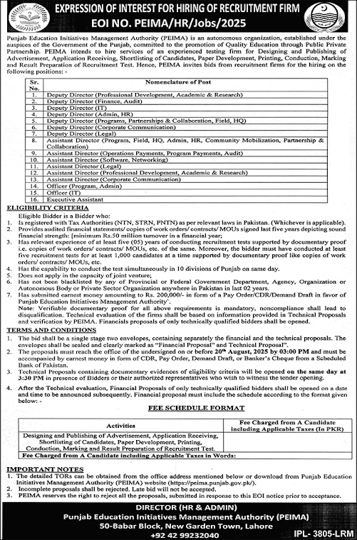 Punjab Education Initiative Management Authority Lahore Jobs 2025