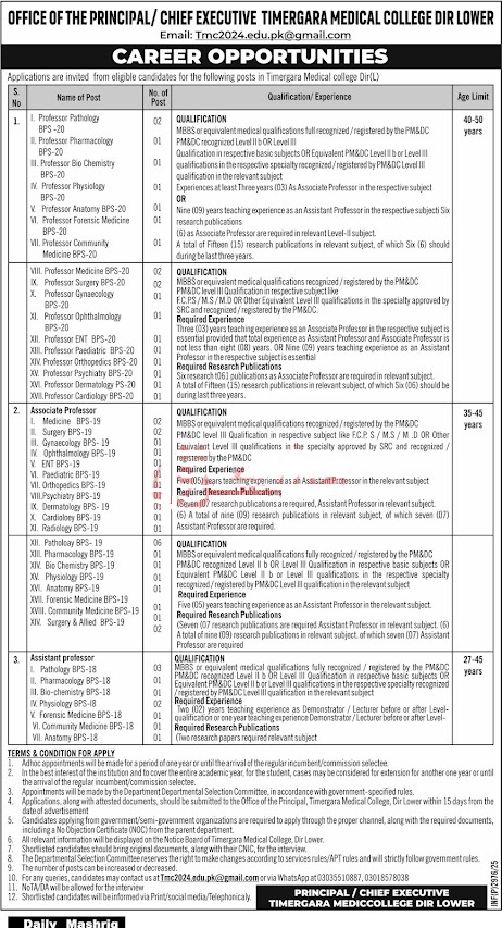 Timergara Medical College Education Posts Lower Dir 2025 