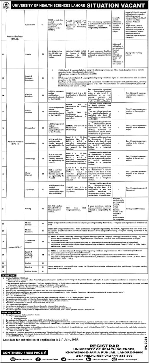 University Of Health Sciences Lahore Jobs Opportunities 2025