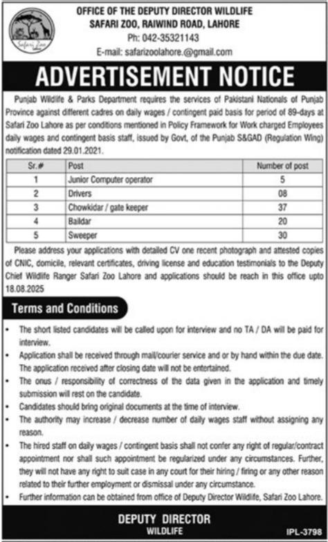Safari Zoo Lahore Jobs 2025