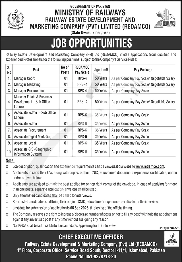 Railway Estate Development and Marketing Company (REDAMCO) Jobs 2025