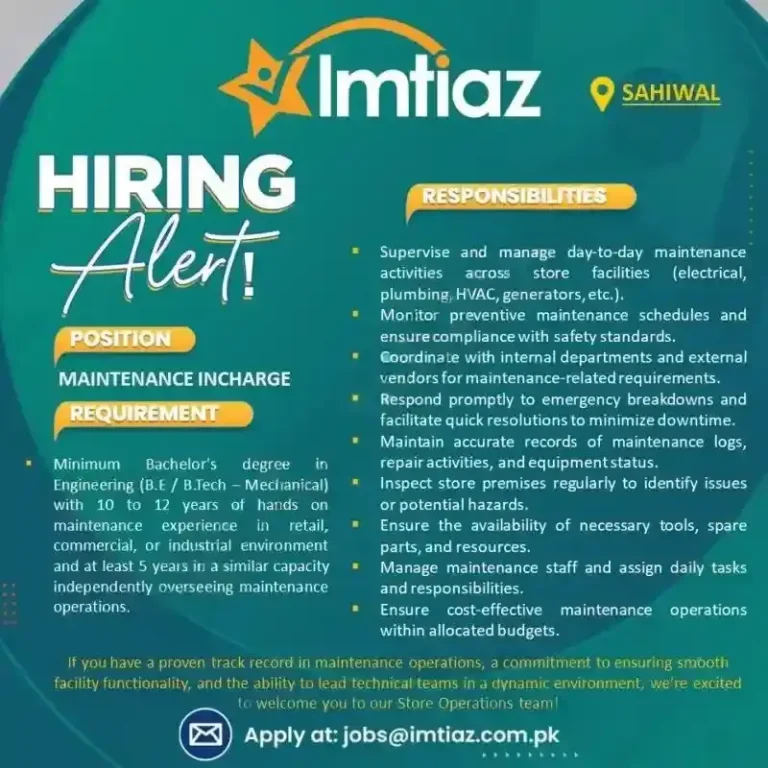 maintenance incharge-jobs imtiaz sahiwal 2025