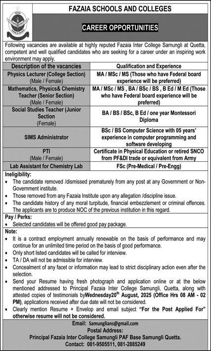 azaia Inter College Samungli located at PAF Base Quetta Jobs 2025