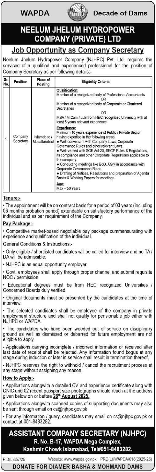 Neelum Jhelum Hydropower Company (Private) Jobs 2025
