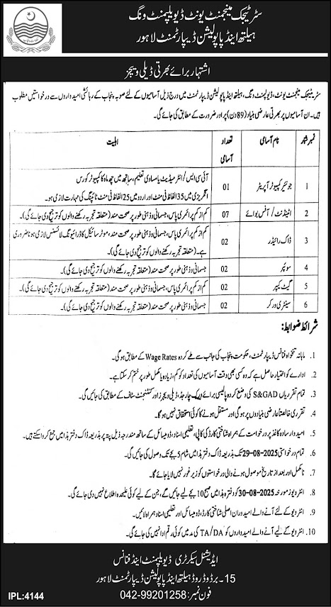Health & Population Department Lahore Jobs 2025