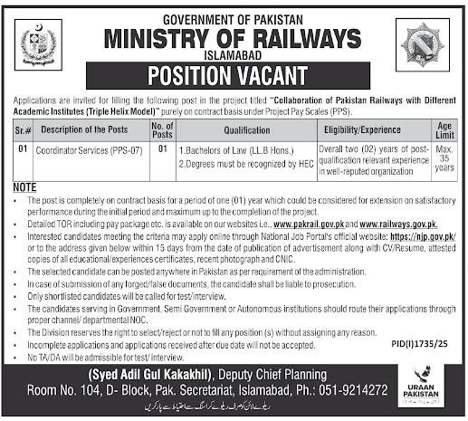 Ministry of Railways Islamabad Jobs 2025
