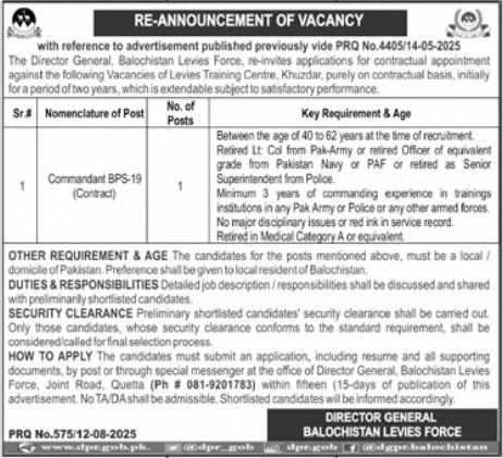 Baluchistan Levies Force Commandant Jobs 2025