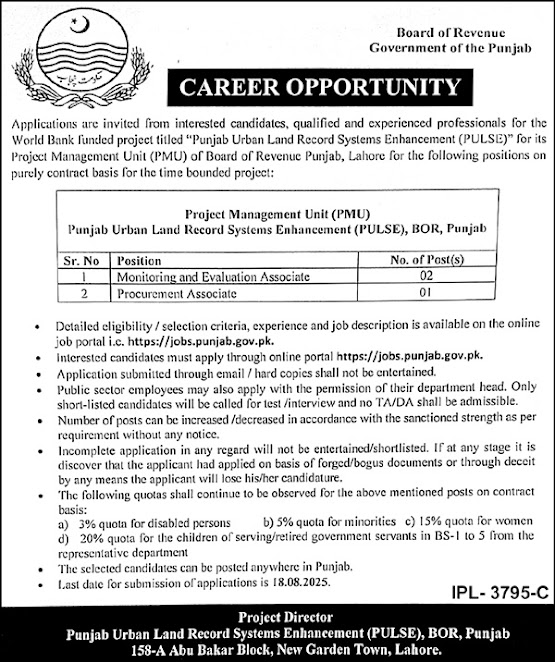 Career Opportunities Board of Revenue Lahore 2025