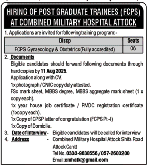 Combined Military Hospital CMH August Job 2025 Walk in interview Jobs 2025