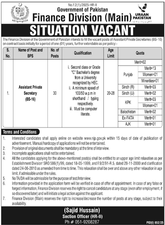 Government of Pakistan Finance Division Jobs 2025