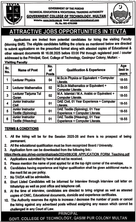Jobs in Multan for Male Female TEVTA 2025