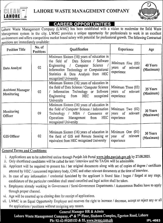 Lahore Waste Management Company UC Supervisor Jobs 2025