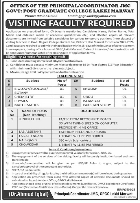 Latest Government Postgraduate College Teaching Posts 2025