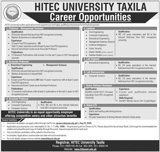 Lecturers & Professors Jobs At HITEC University Taxila 2025