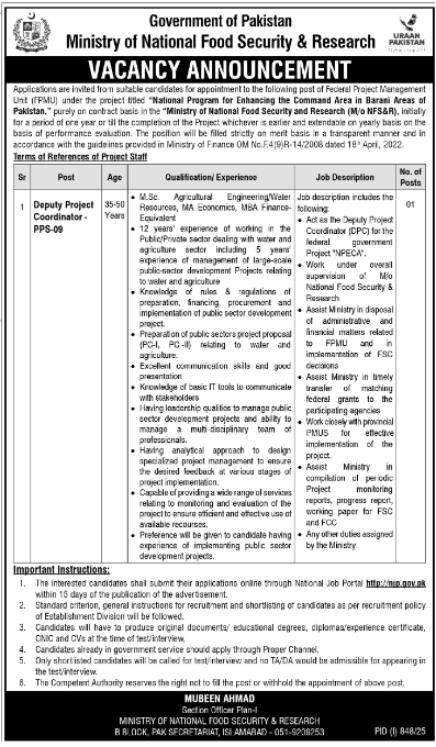 Ministry Of National Foods & Security Research Jobs Vacancies 2025