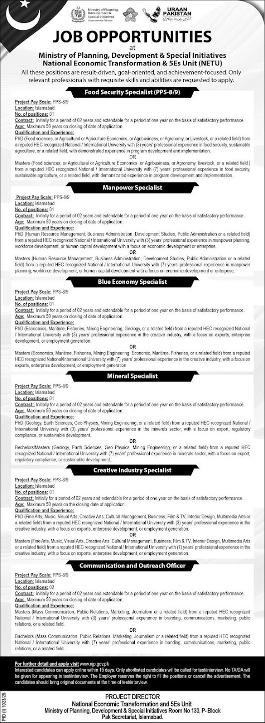 Ministry of Planning Development & Special Initiative Jobs 2025