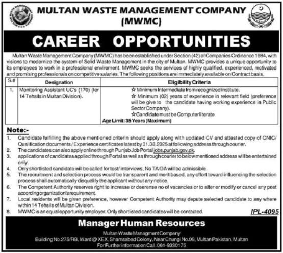 Multan Waste Management Company Monitoring Assistant Vacancies 2025