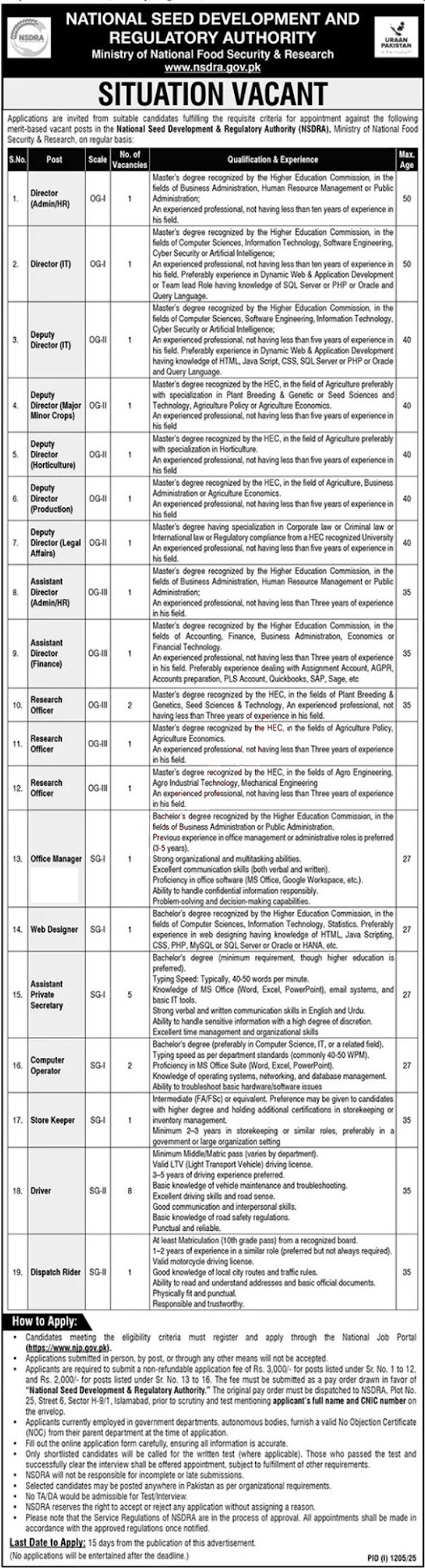 National Seed Development and Regulatory Authority Vacant Position 2025