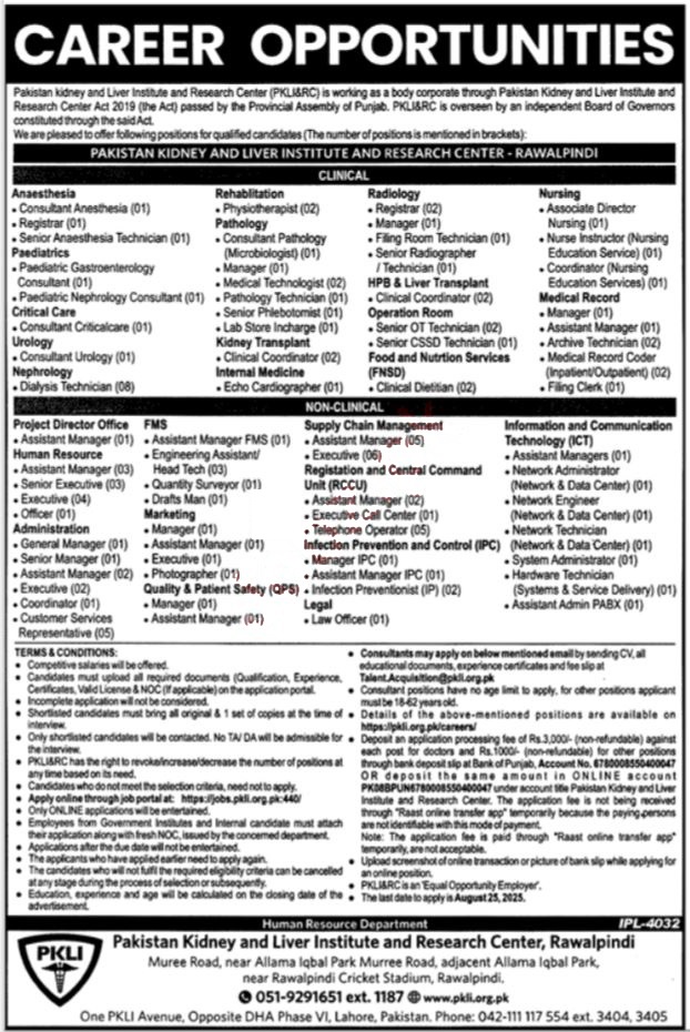 Pakistan Kidney & Liver Institute & Research Centre PKLI Jobs Opportunities 2025