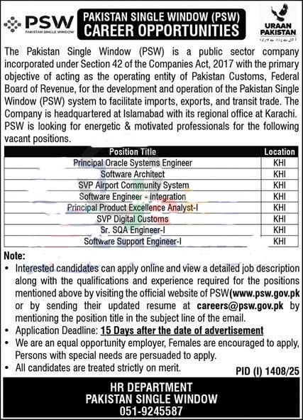 Pakistan Single Window PSW Jobs 2025