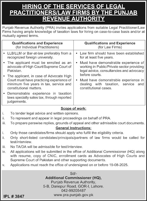 Punjab Revenue Authority Legal Posts Lahore 2025