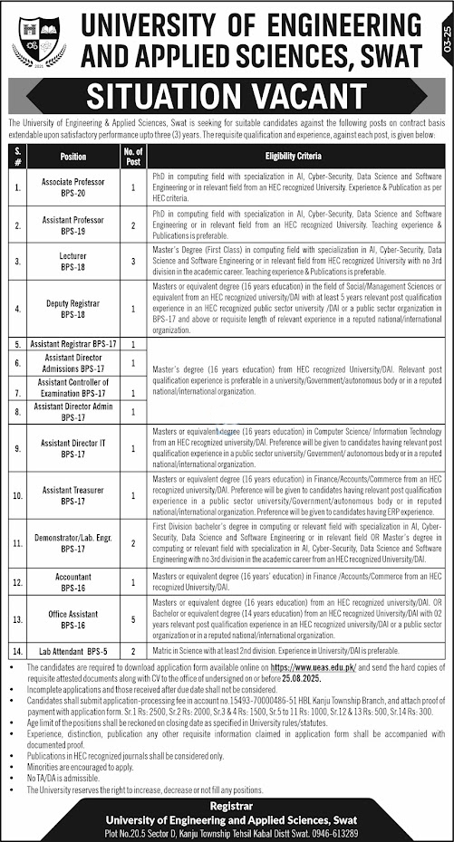 University Of Engineering and Applied Sciences August Jobs 2025
