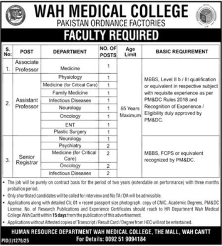 Wah Medical College POF Jobs Vacancies 2025