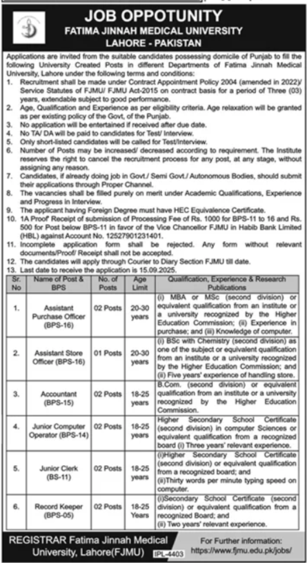 Fatima Jinnah Medical University (FJMU) Jobs 2025