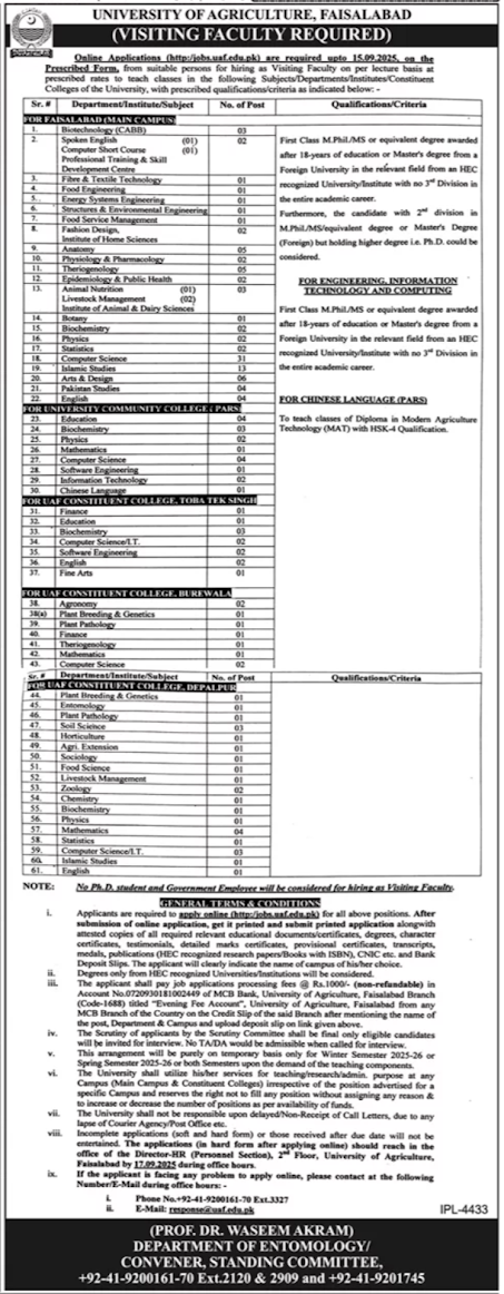 University of Agriculture Faisalabad (UAF) Jobs 2025