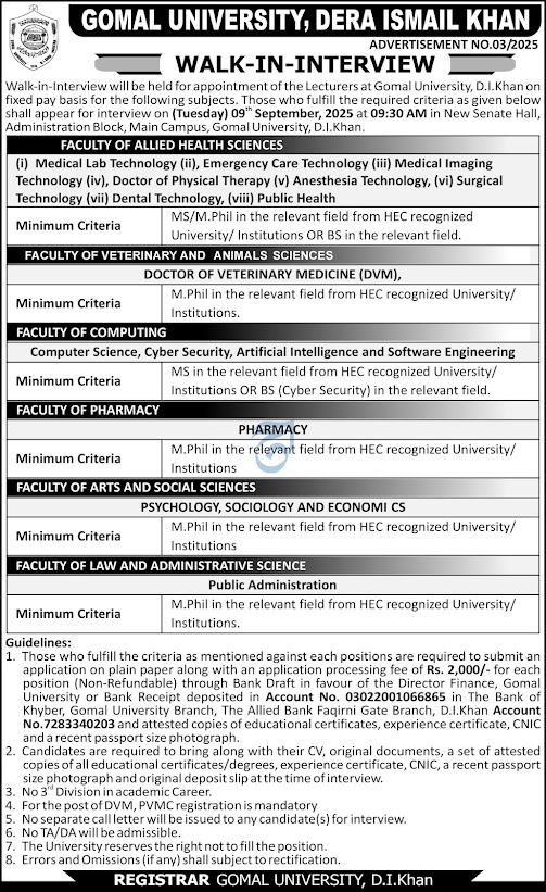 Gomal University, Dera Ismail Khan Jobs 2025