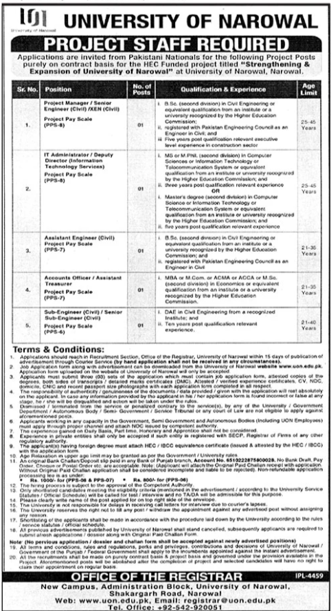 University of Narowal Jobs 2025