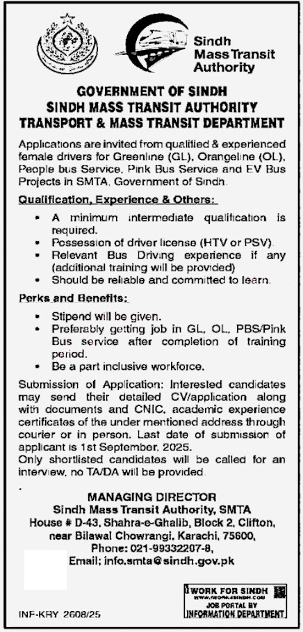 Sindh Mass Transit Authority Jobs 2025